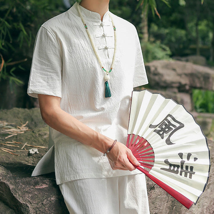 Buddha Stones 2点セット メンズ 半袖シャツ トップス Tシャツ パンツ 瞑想 禅 太極拳 コットンリネン 衣類セット - ホワイト(トップス&パンツ) - US/UK/AU48、 EU58 (6XL) - image 0