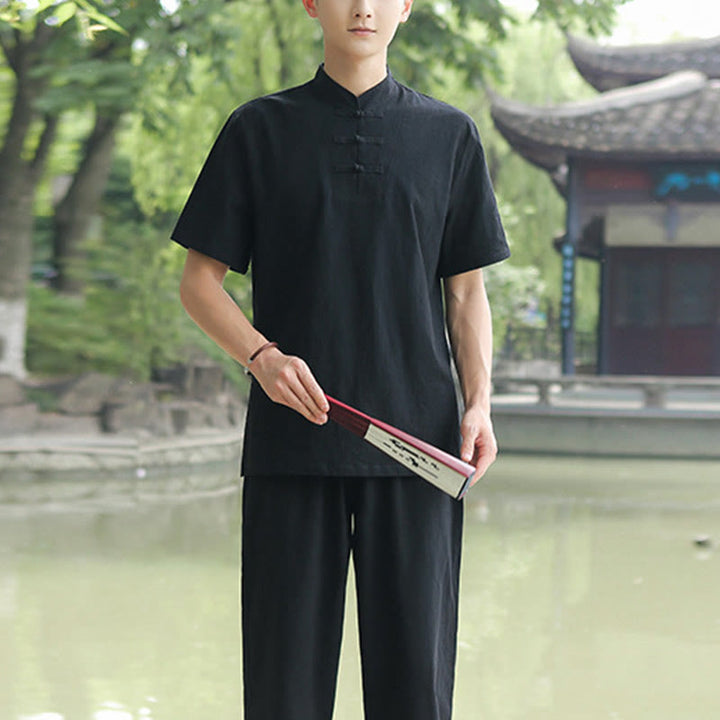 Buddha Stones 2点セット メンズ 半袖シャツ トップス Tシャツ パンツ 瞑想 禅 太極拳 コットンリネン 衣類セット - ブラック(トップス&パンツ) - US/UK/AU48、 EU58 (6XL) - image 11