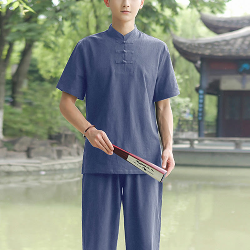 Buddha Stones 2点セット メンズ 半袖シャツ トップス Tシャツ パンツ 瞑想 禅 太極拳 コットンリネン 衣類セット - ブルー(トップス&パンツ) - US/UK/AU48、 EU58 (6XL) - image 5
