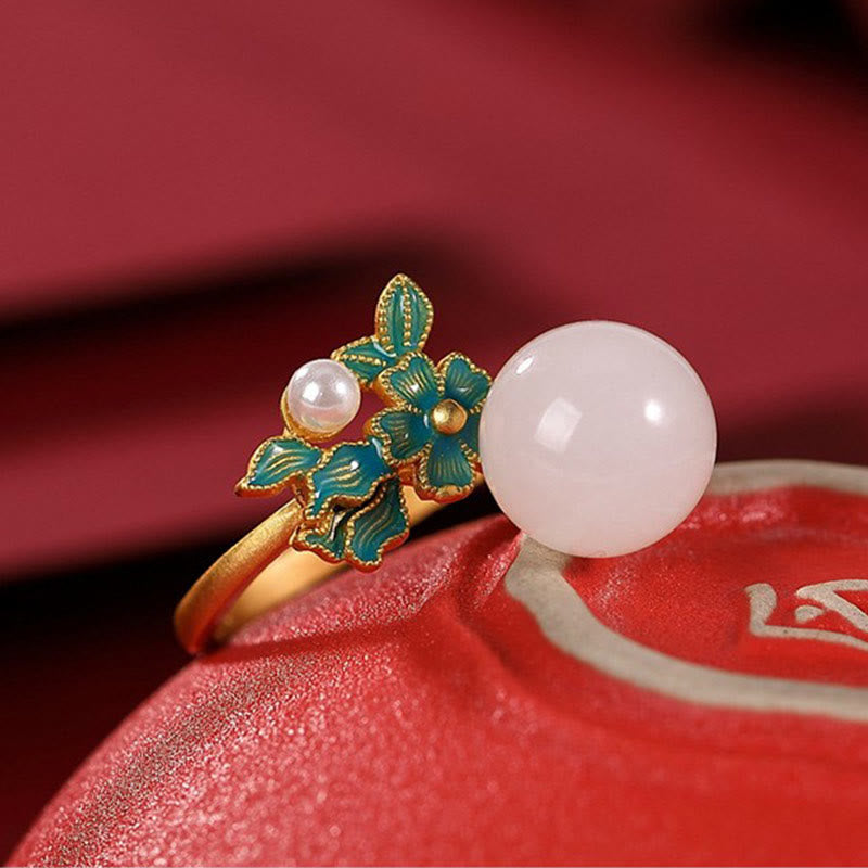 Buddha Stonesホワイトジェイド 925 スターリングシルバー パールフラワー 祝福ネックレス ペンダント リング イヤリング