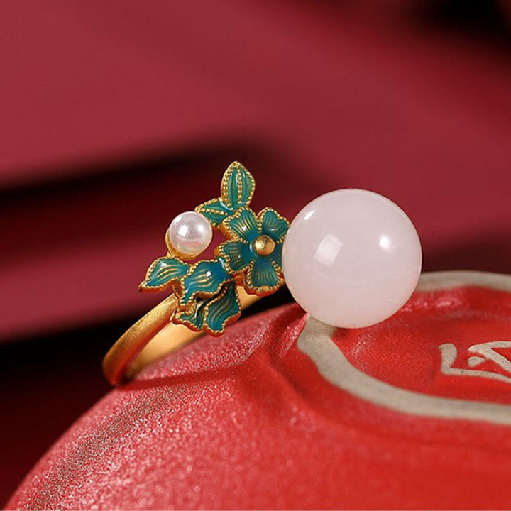 Buddha Stonesホワイトジェイド 925 スターリングシルバー パールフラワー 祝福ネックレス ペンダント リング イヤリング