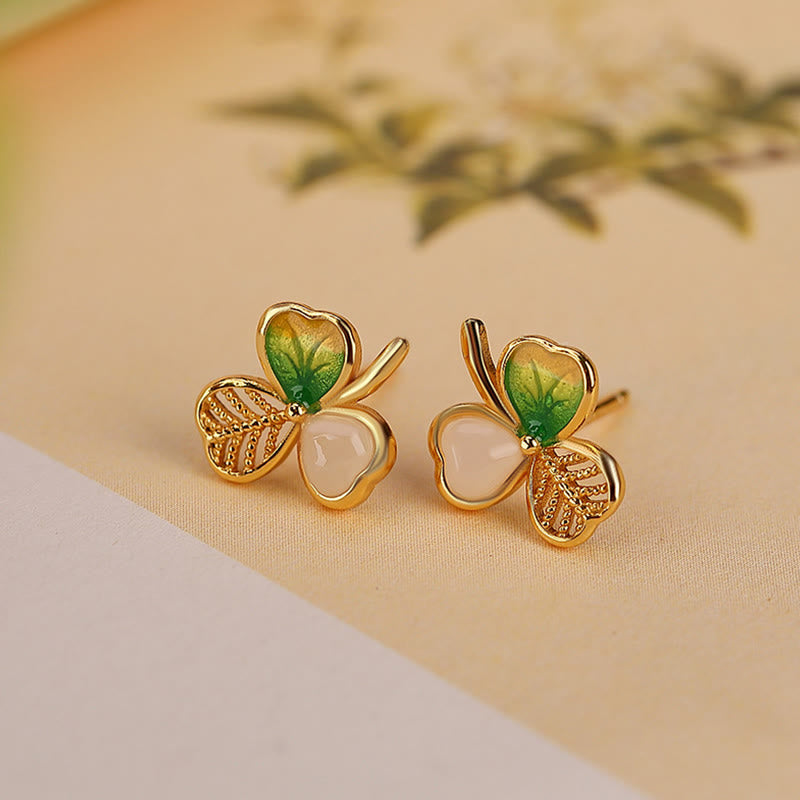 Buddha Stones 925スターリングシルバーメッキゴールド和田翡翠幸運シャムロッククローバーネックレスペンダントイヤリング