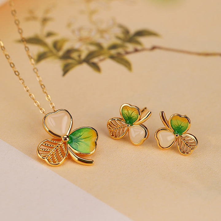 Buddha Stones 925スターリングシルバーメッキゴールド和田翡翠幸運シャムロッククローバーネックレスペンダントイヤリング
