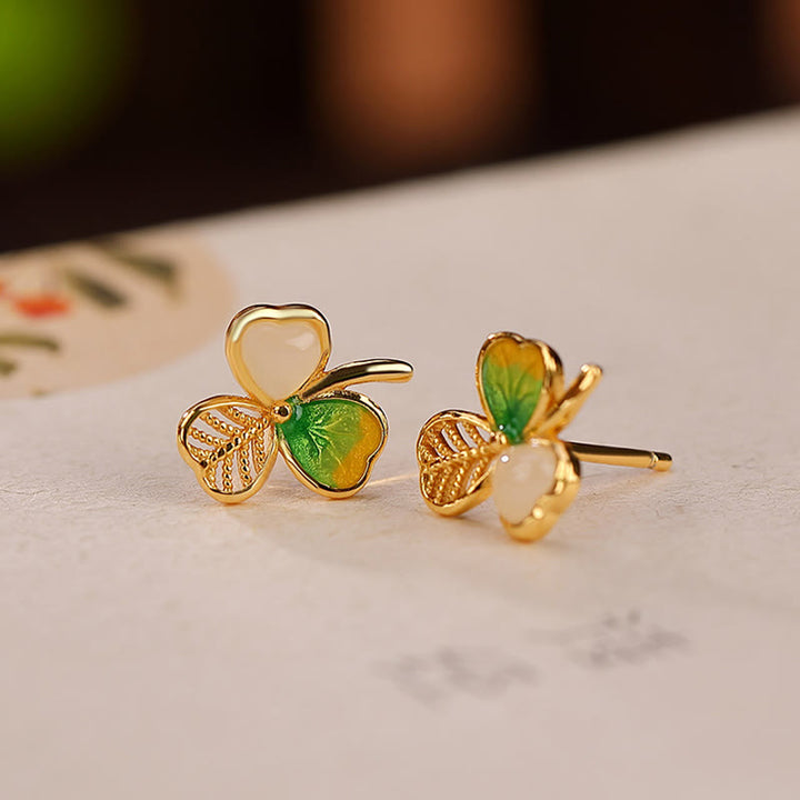 Buddha Stones 925スターリングシルバーメッキゴールド和田翡翠幸運シャムロッククローバーネックレスペンダントイヤリング