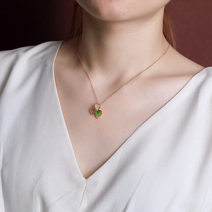 Buddha Stones 925スターリングシルバーメッキゴールド和田翡翠幸運シャムロッククローバーネックレスペンダントイヤリング