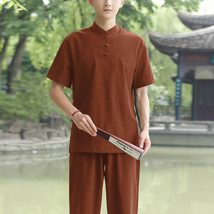 Buddha Stones 2点セット メンズ 半袖シャツ トップス Tシャツ パンツ 瞑想 禅 太極拳 コットンリネン 衣類セット - ブラウン(トップス&パンツ) - US/UK/AU48、 EU58 (6XL) - image 6
