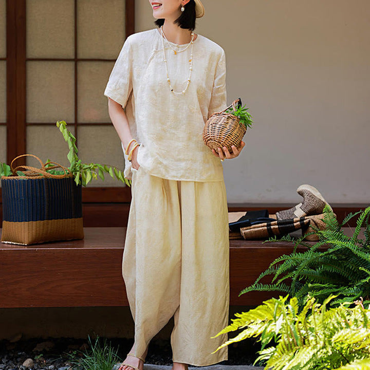 Buddha Stonesラミーリネンゆったりブラウス半袖シャツ中国風トップス