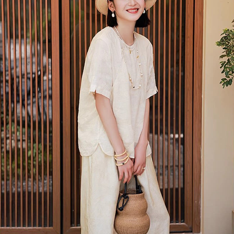 Buddha Stonesラミーリネンゆったりブラウス半袖シャツ中国風トップス