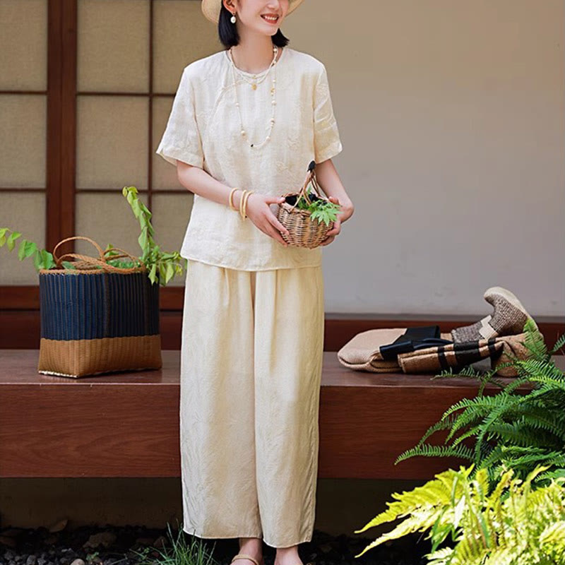Buddha Stonesラミーリネンゆったりブラウス半袖シャツ中国風トップス