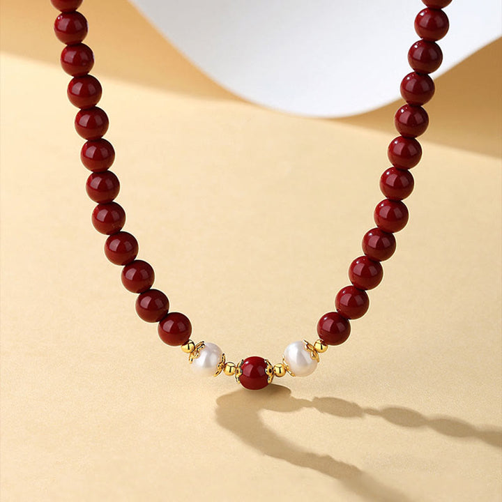 Buddha Stones 925スターリングシルバー 天然辰砂パール 祝福ネックレス ペンダント ブレスレット イヤリング ジュエリーセット