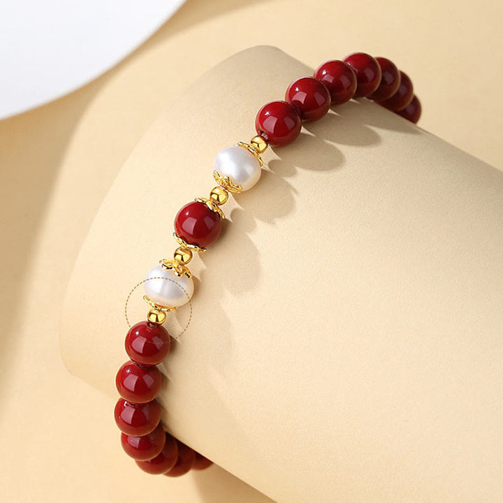 Buddha Stones 925スターリングシルバー 天然辰砂パール 祝福ネックレス ペンダント ブレスレット イヤリング ジュエリーセット
