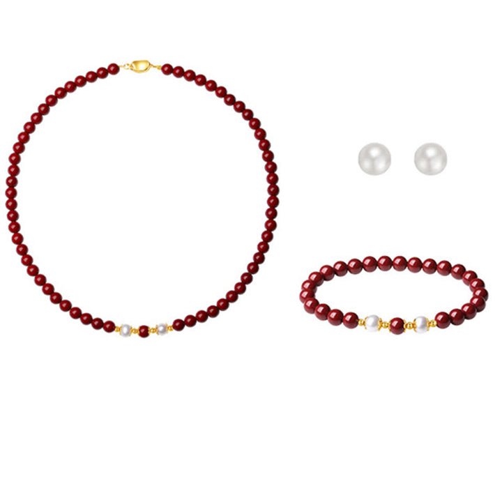 Buddha Stones 925スターリングシルバー 天然辰砂パール 祝福ネックレス ペンダント ブレスレット イヤリング ジュエリーセット