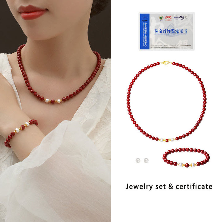 Buddha Stones 925スターリングシルバー 天然辰砂パール 祝福ネックレス ペンダント ブレスレット イヤリング ジュエリーセット
