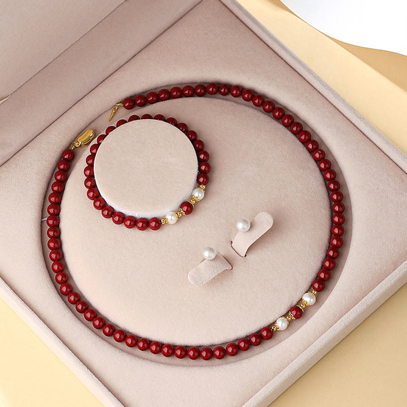 Buddha Stones 925スターリングシルバー 天然辰砂パール 祝福ネックレス ペンダント ブレスレット イヤリング ジュエリーセット - 3点(ネックレス、ブレスレット、イヤリング) - image 0