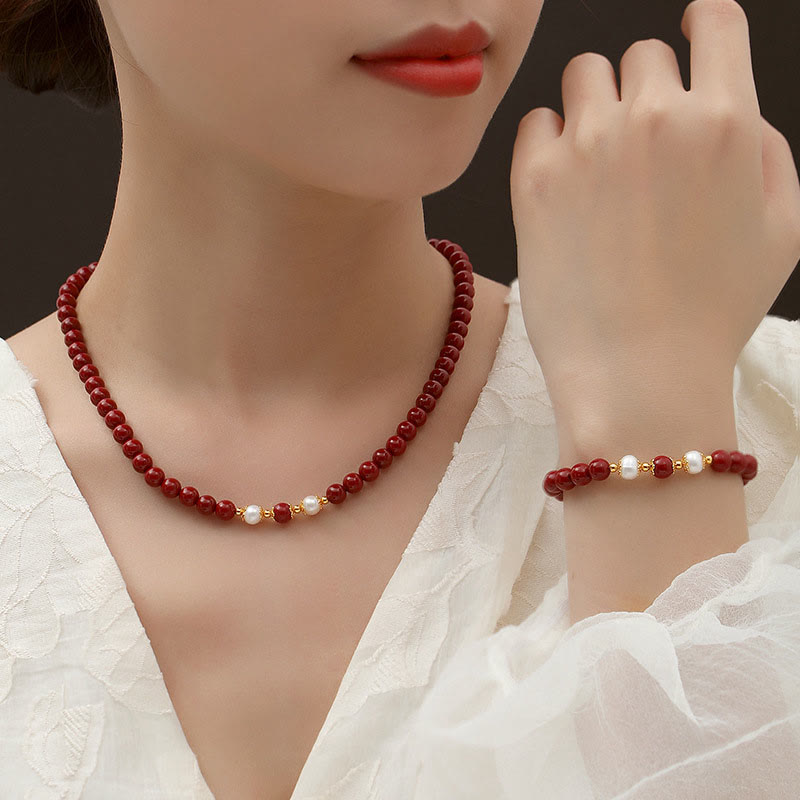 Buddha Stones 925スターリングシルバー 天然辰砂パール 祝福ネックレス ペンダント ブレスレット イヤリング ジュエリーセット