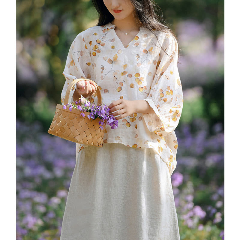 Buddha Stones、果物、葉の模様のランタンスリーブトップ、ルーズTシャツ - image 12