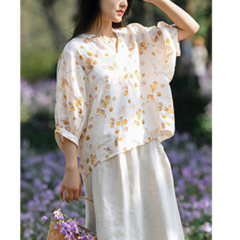 Buddha Stones、果物、葉の模様のランタンスリーブトップ、ルーズTシャツ - image 10