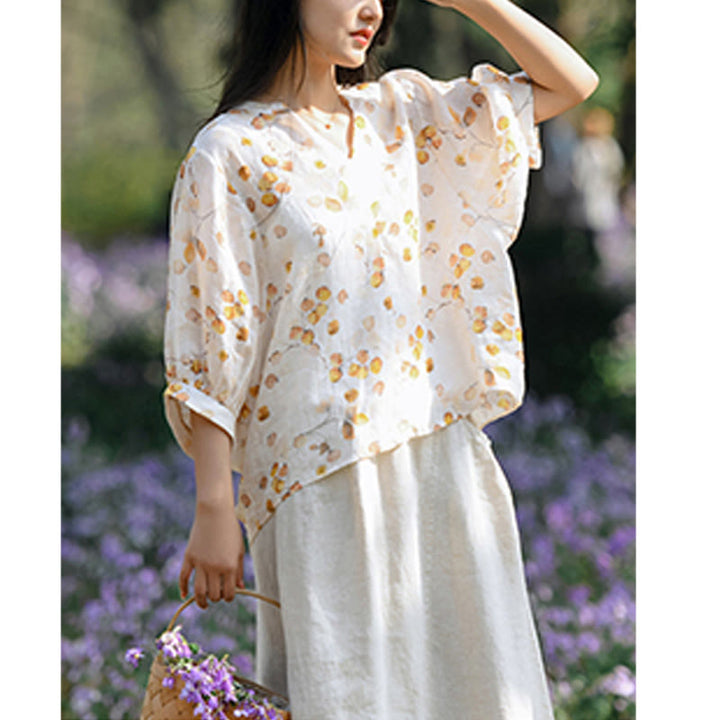 Buddha Stones、果物、葉の模様のランタンスリーブトップ、ルーズTシャツ - image 10
