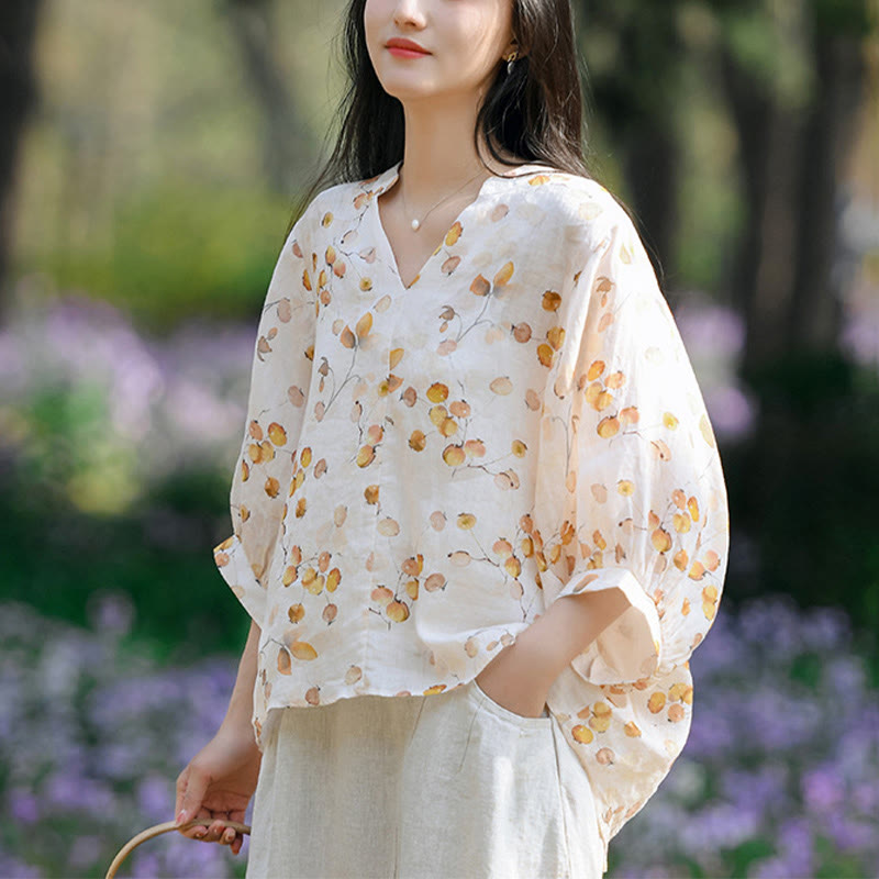 Buddha Stones、果物、葉の模様のランタンスリーブトップ、ルーズTシャツ - イエロー(バスト130cm/肩幅37cm/着丈58-66cm)(トップスのみ) - image 9