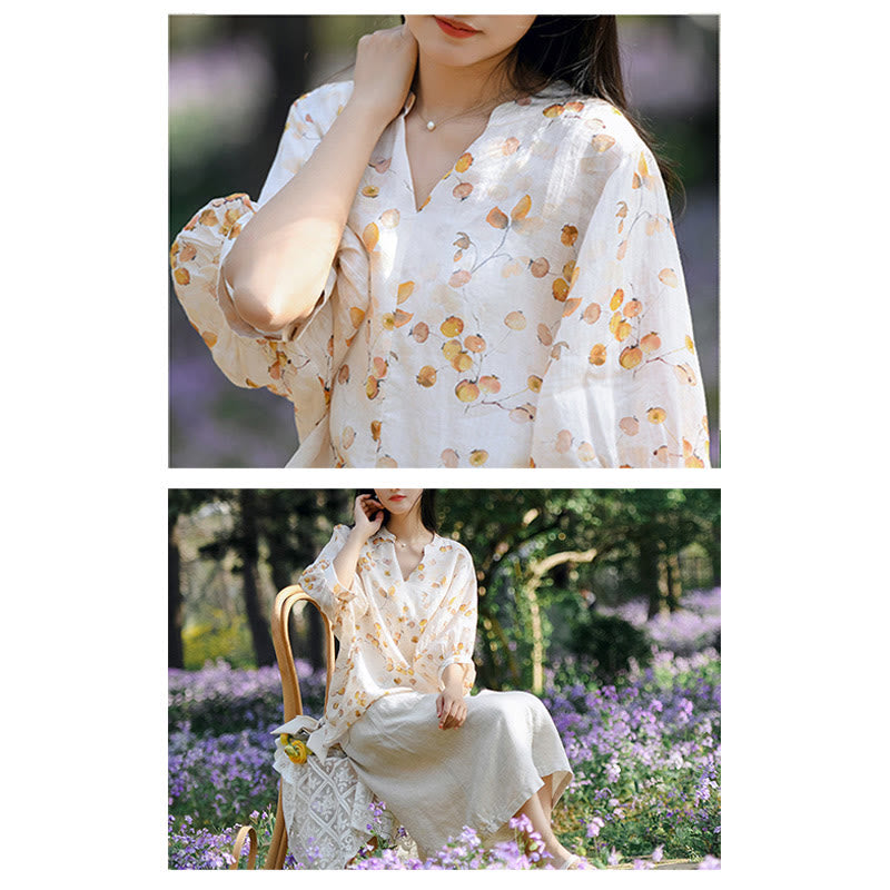 Buddha Stones、果物、葉の模様のランタンスリーブトップ、ルーズTシャツ - image 14