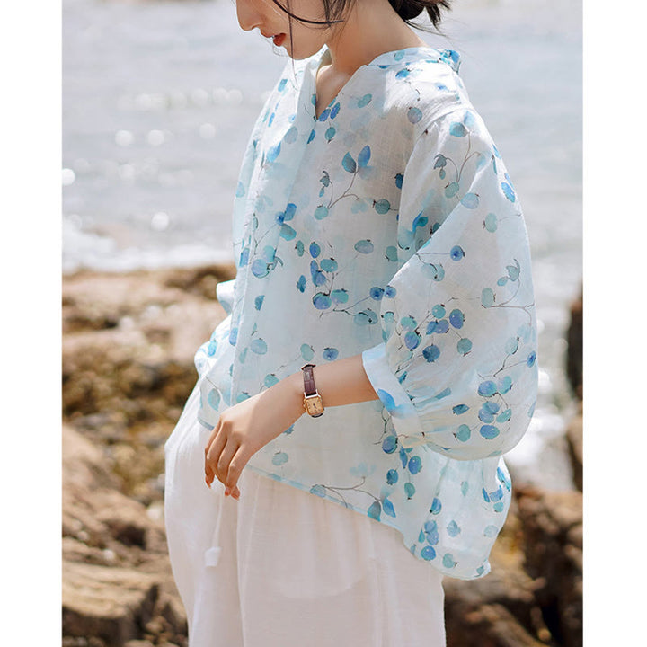 Buddha Stones、果物、葉の模様のランタンスリーブトップ、ルーズTシャツ - image 4