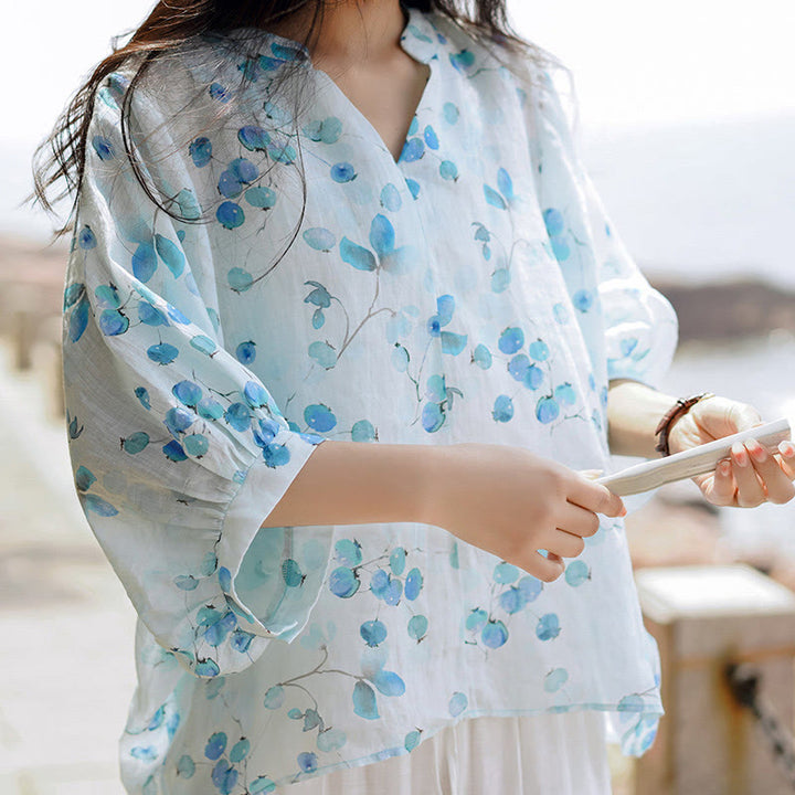 Buddha Stones、果物、葉の模様のランタンスリーブトップ、ルーズTシャツ - image 3