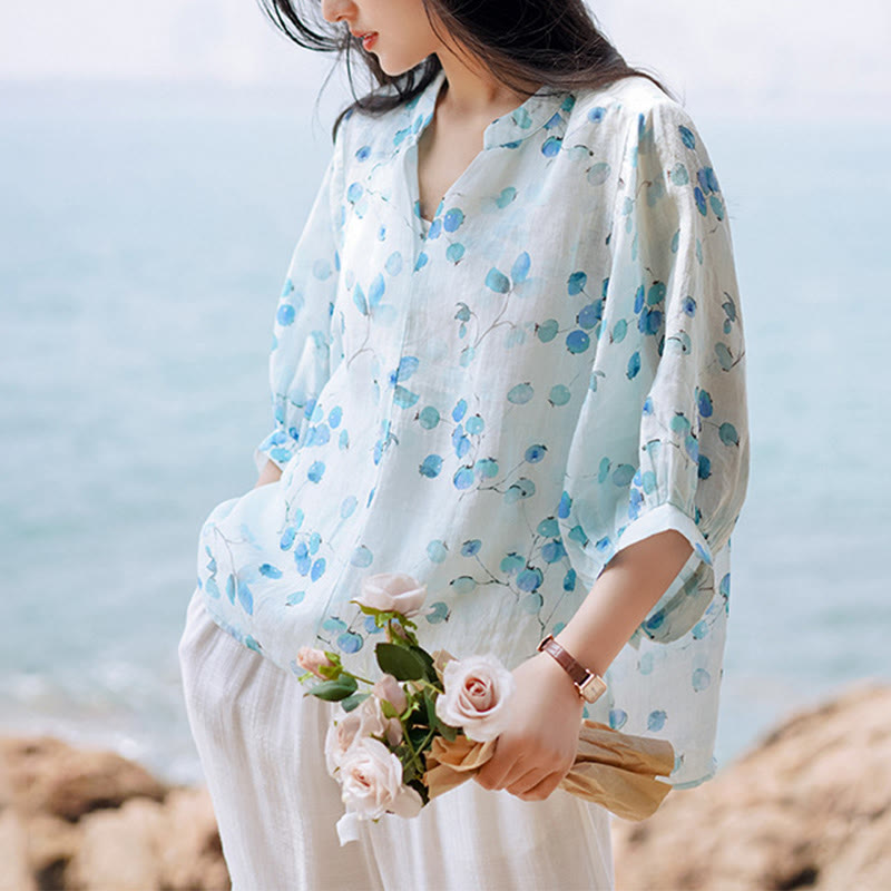 Buddha Stones、果物、葉の模様のランタンスリーブトップ、ルーズTシャツ - ブルー(バスト130cm/肩幅37cm/着丈58-66cm)(トップスのみ) - image 0
