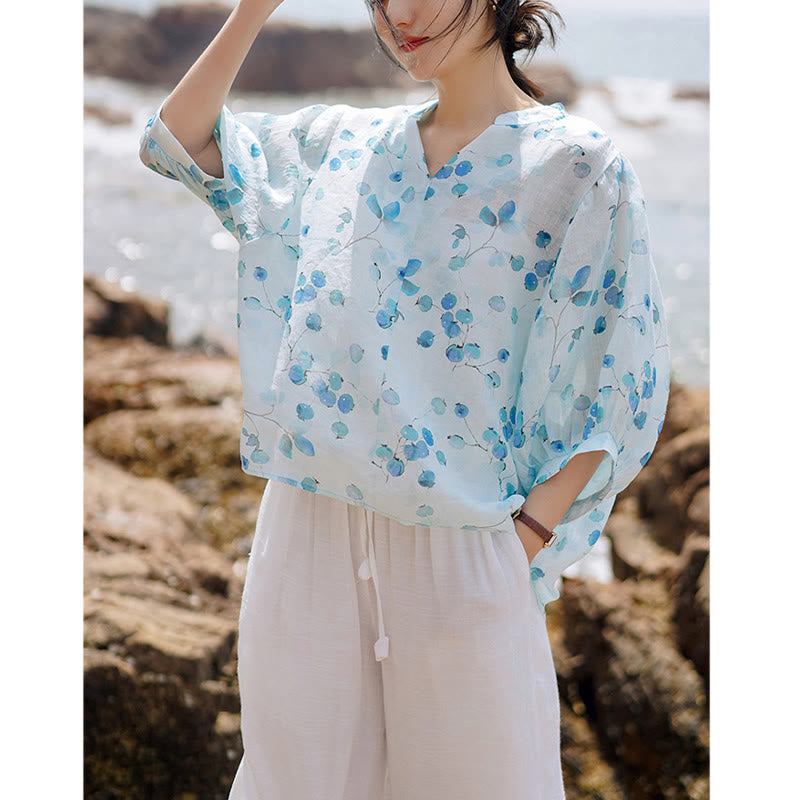 Buddha Stones、果物、葉の模様のランタンスリーブトップ、ルーズTシャツ - image 5