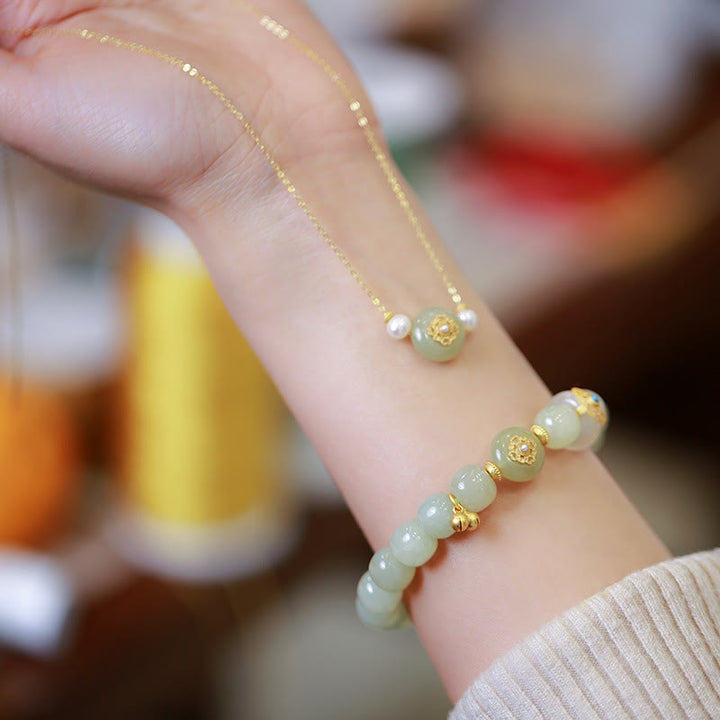 Buddha Stones 925スターリングシルバー ゴールドメッキ 天然和田翡翠 幸運のネックレス ペンダント ブレスレットセット