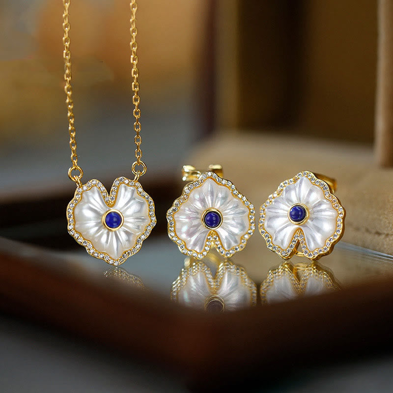 Buddha Stones 925スターリングシルバー ラブハート シャコガイ ストーン レッドアゲート ラズライト 祝福 イヤリング ネックレス ジュエリーセット