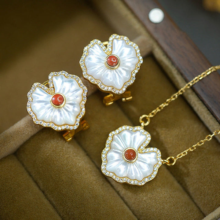 Buddha Stones 925スターリングシルバー ラブハート シャコガイ ストーン レッドアゲート ラズライト 祝福 イヤリング ネックレス ジュエリーセット