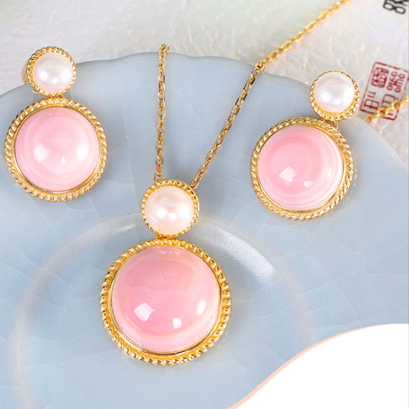 Buddha Stones 925スターリングシルバー クイーンコンクシェルパール 幸運の祝福イヤリング ネックレス ペンダント ジュエリーセット
