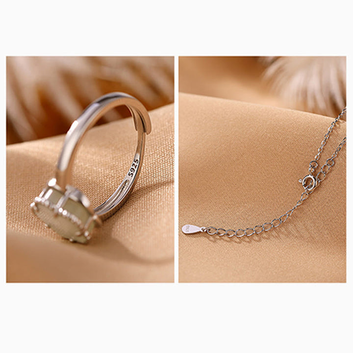 Buddha Stones 925スターリングシルバーメッキゴールド天然和田翡翠フラワーラッキーネックレスペンダントリングセット
