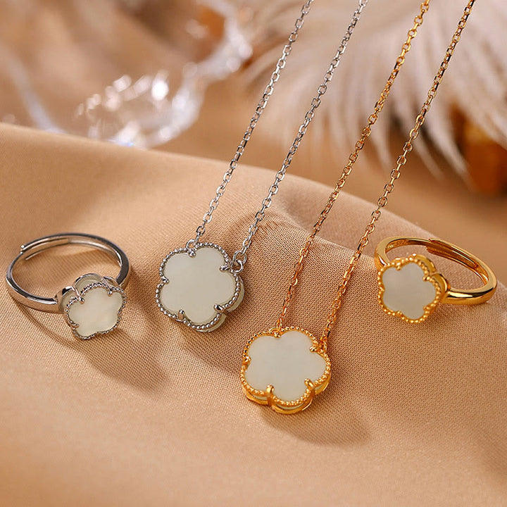 Buddha Stones 925スターリングシルバーメッキゴールド天然和田翡翠フラワーラッキーネックレスペンダントリングセット