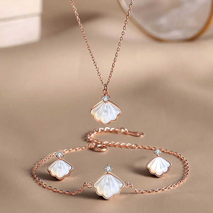 Buddha Stones 925スターリングシルバー シャコガイ ストーンシェル 祝福ネックレス ペンダント ブレスレット イヤリング ジュエリーセット