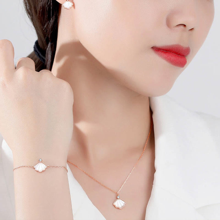Buddha Stones 925スターリングシルバー シャコガイ ストーンシェル 祝福ネックレス ペンダント ブレスレット イヤリング ジュエリーセット