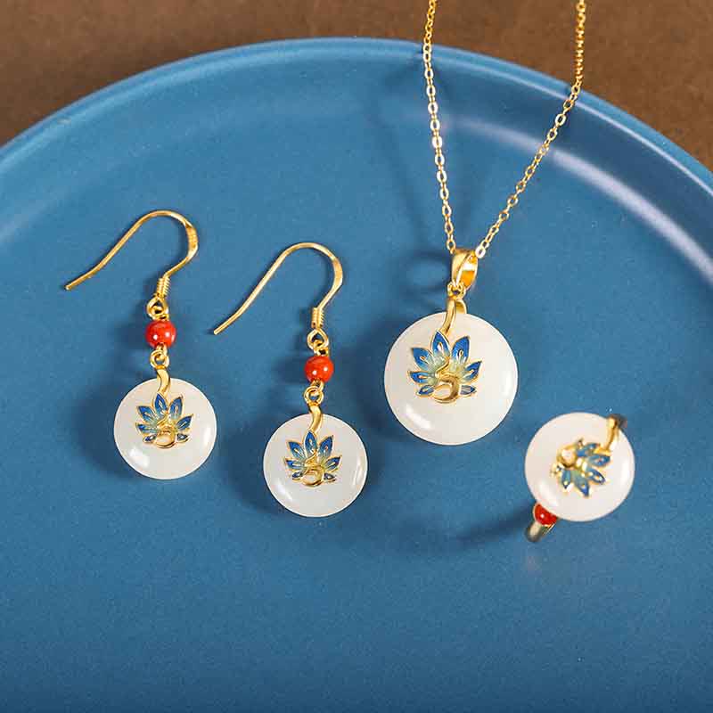 Buddha Stones 925スターリングシルバー 天然和田白翡翠 孔雀の祝福ネックレス ペンダント リング イヤリング セット
