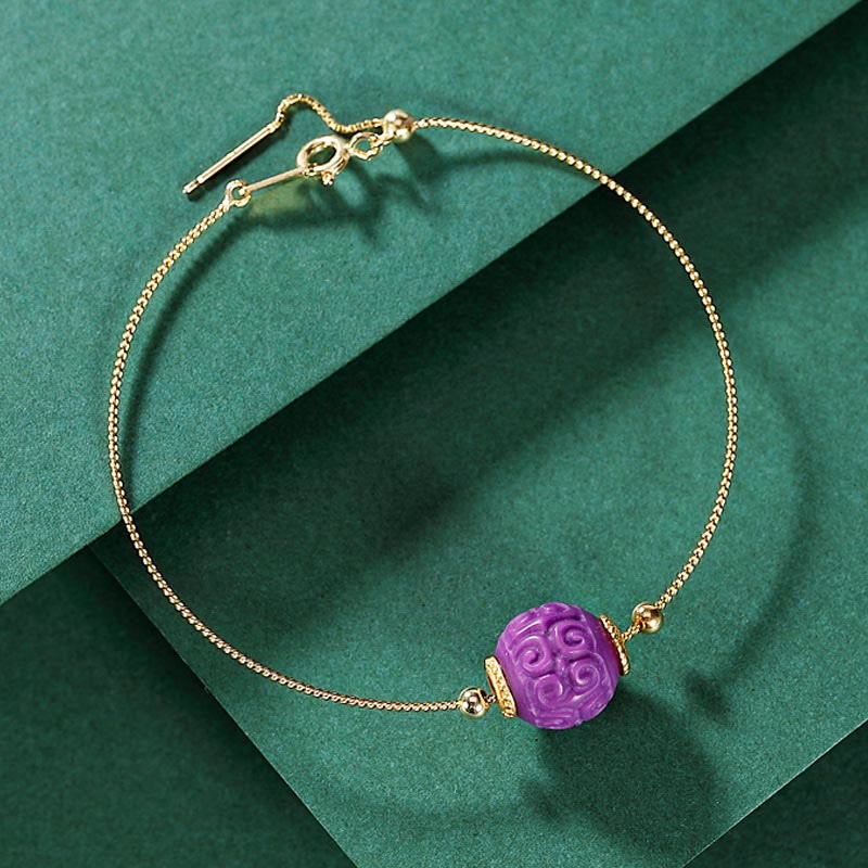 Buddha Stones 925スターリングシルバーメッキゴールドナチュラルパープルマイカストーンレリーフビーズポジティブネックレスペンダントブレスレットセット