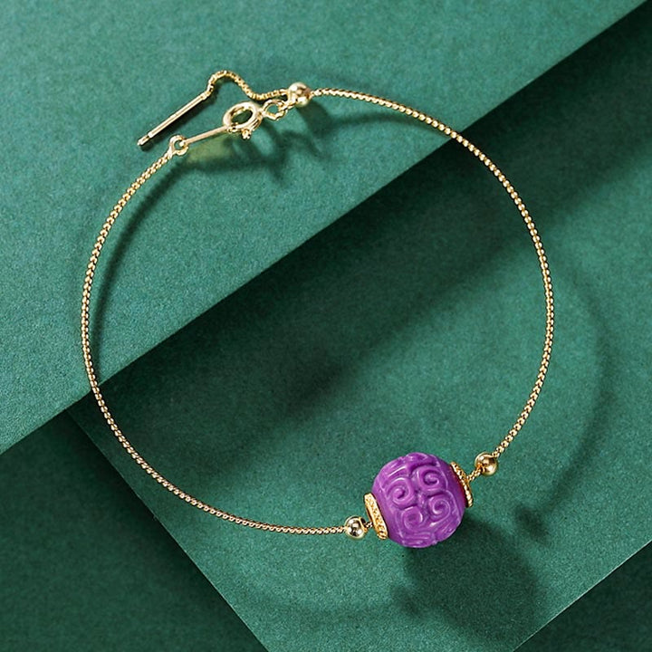 Buddha Stones 925スターリングシルバーメッキゴールドナチュラルパープルマイカストーンレリーフビーズポジティブネックレスペンダントブレスレットセット
