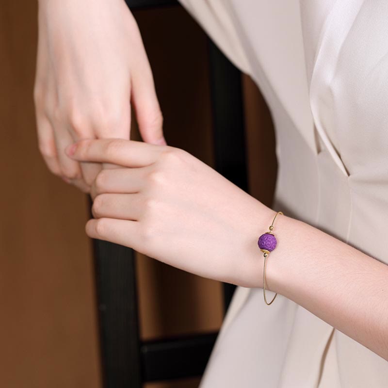 Buddha Stones 925スターリングシルバーメッキゴールドナチュラルパープルマイカストーンレリーフビーズポジティブネックレスペンダントブレスレットセット