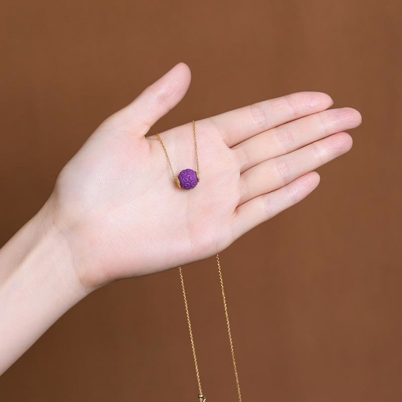 Buddha Stones 925スターリングシルバーメッキゴールドナチュラルパープルマイカストーンレリーフビーズポジティブネックレスペンダントブレスレットセット