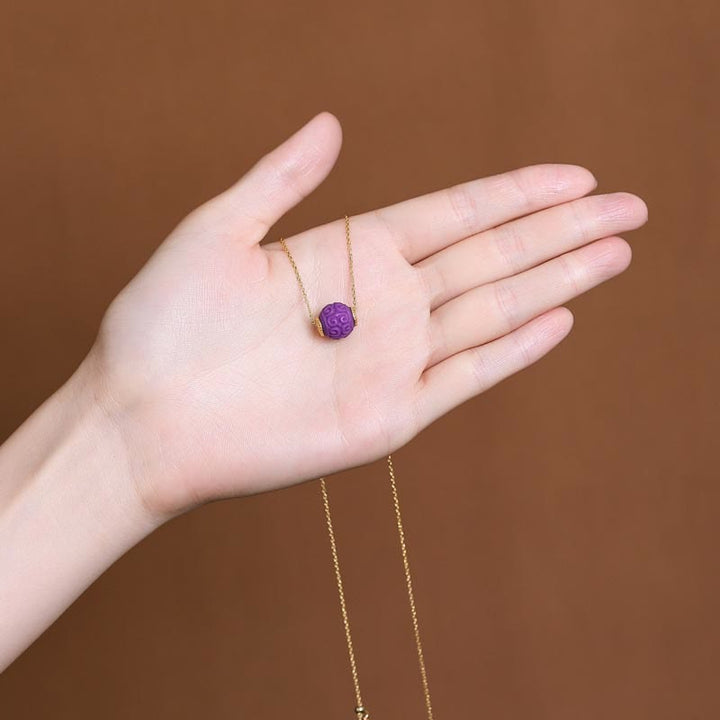 Buddha Stones 925スターリングシルバーメッキゴールドナチュラルパープルマイカストーンレリーフビーズポジティブネックレスペンダントブレスレットセット