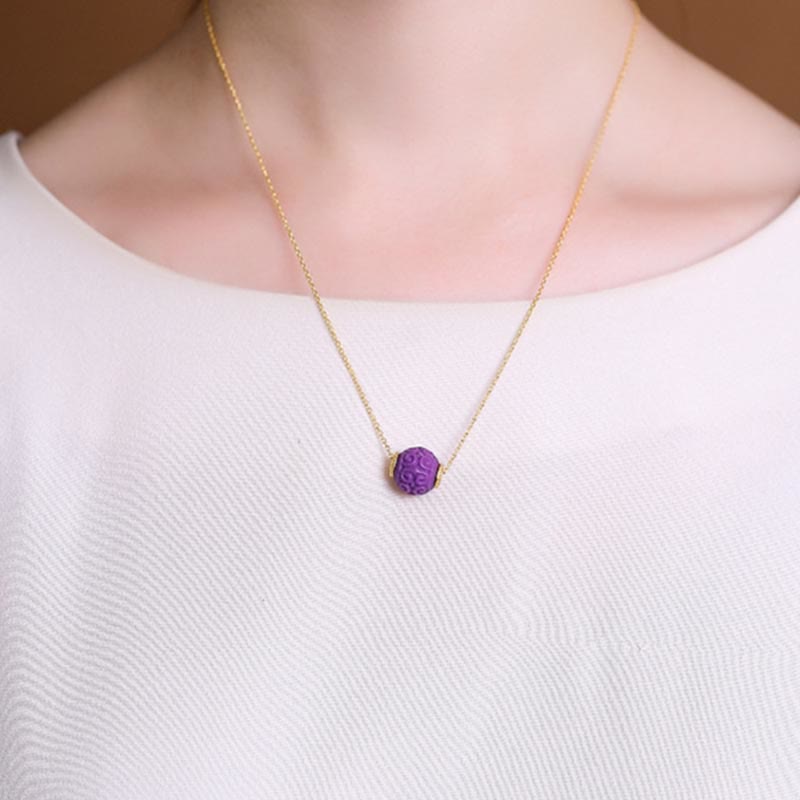 Buddha Stones 925スターリングシルバーメッキゴールドナチュラルパープルマイカストーンレリーフビーズポジティブネックレスペンダントブレスレットセット
