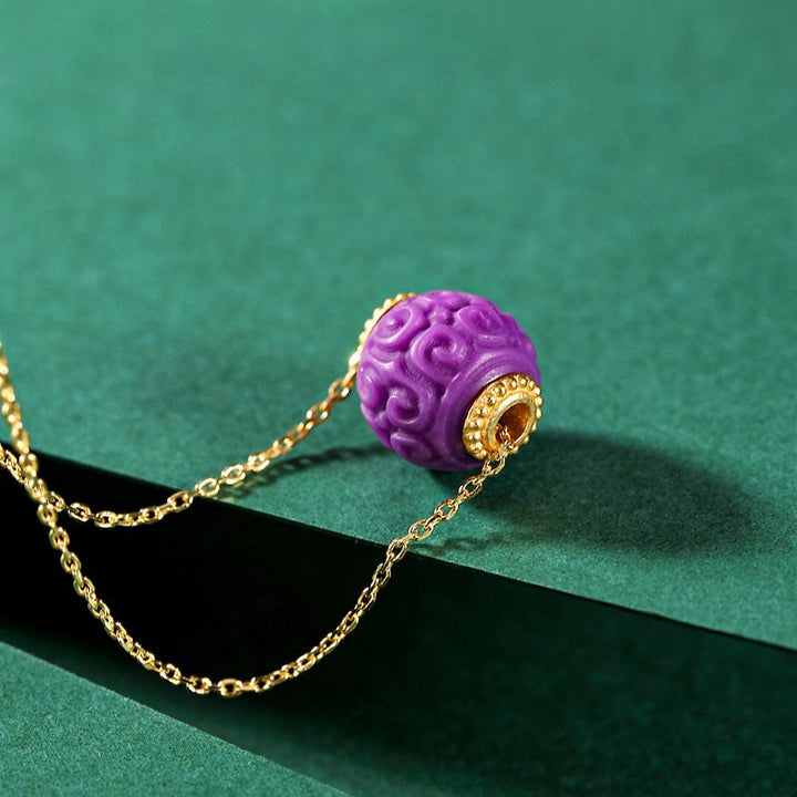 Buddha Stones 925スターリングシルバーメッキゴールドナチュラルパープルマイカストーンレリーフビーズポジティブネックレスペンダントブレスレットセット