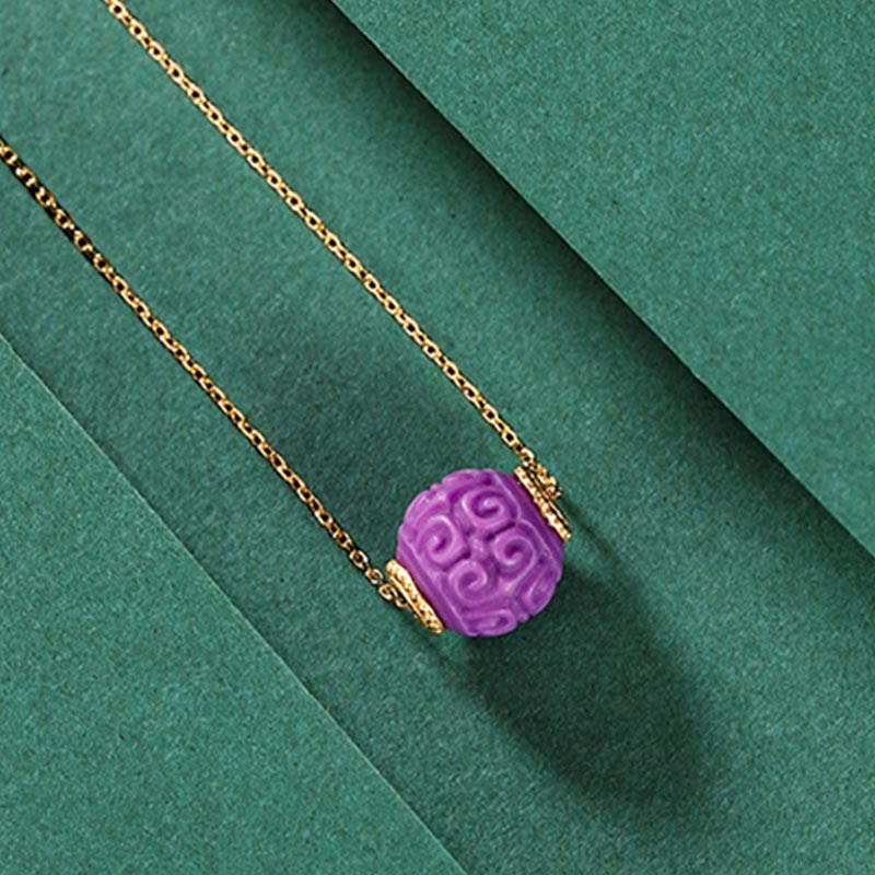 Buddha Stones 925スターリングシルバーメッキゴールドナチュラルパープルマイカストーンレリーフビーズポジティブネックレスペンダントブレスレットセット