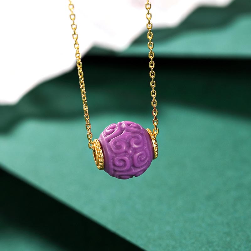 Buddha Stones 925スターリングシルバーメッキゴールドナチュラルパープルマイカストーンレリーフビーズポジティブネックレスペンダントブレスレットセット