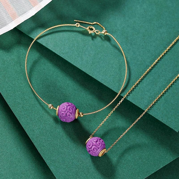 Buddha Stones 925スターリングシルバーメッキゴールドナチュラルパープルマイカストーンレリーフビーズポジティブネックレスペンダントブレスレットセット