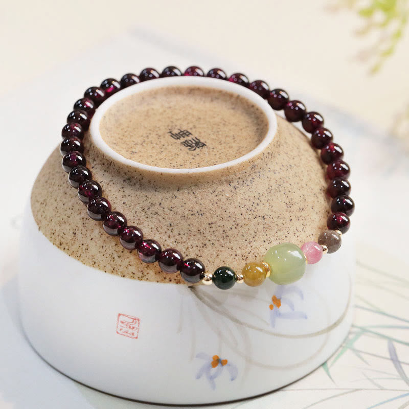 Buddha Stones天然ガーネット和田翡翠トルマリンビーズパッションブレスレット