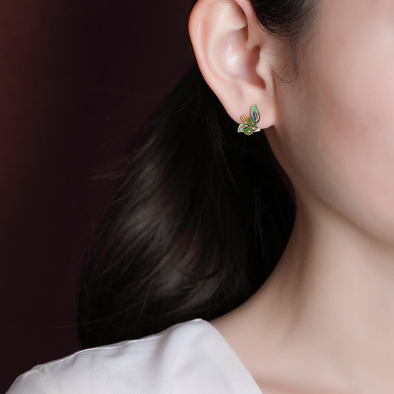 Buddha Stones925スターリングシルバー ゴールドメッキ 天然シアン翡翠 バタフライ 幸運 ヒーリング イヤリング