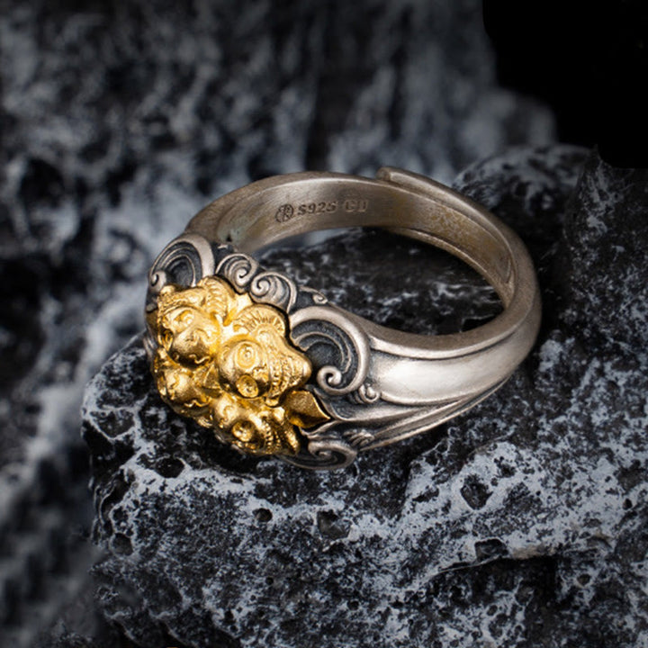 Buddha Stones925スターリングシルバー チベットスカルプロテクション 調節可能リング